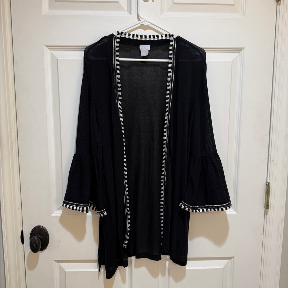 Chico's Black Cardigan with Cream Striped Detail